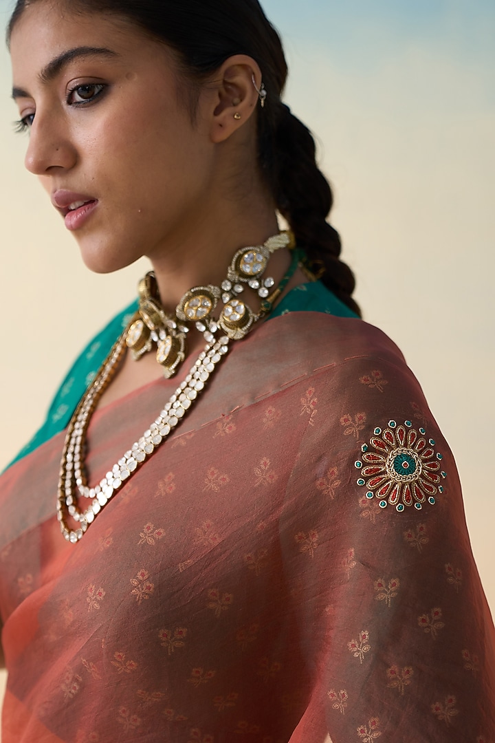 Rust Organza Embroidered Wedding Saree by JANKI INDIA at Pernia's Pop Up Shop