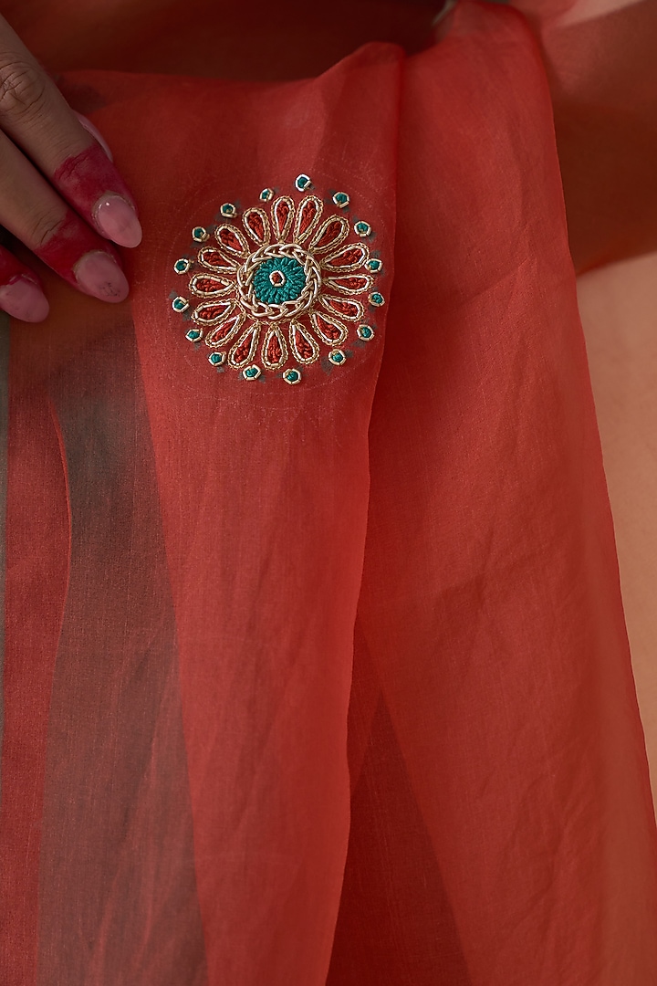 Rust Organza Embroidered Wedding Saree by JANKI INDIA at Pernia's Pop Up Shop