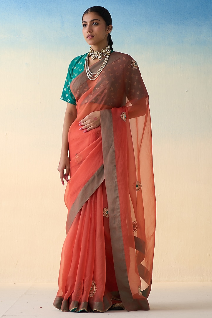 Rust Organza Embroidered Wedding Saree by JANKI INDIA at Pernia's Pop Up Shop