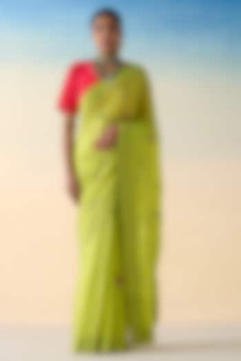 Lime Green Silk Jaal Embroidered Saree by JANKI INDIA at Pernia's Pop Up Shop