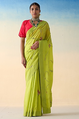Lime Green Silk Jaal Embroidered Saree by JANKI INDIA