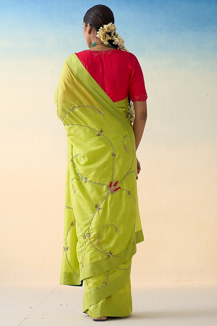 Lime Green Silk Jaal Embroidered Wedding Saree by JANKI INDIA at Pernia's Pop Up Shop