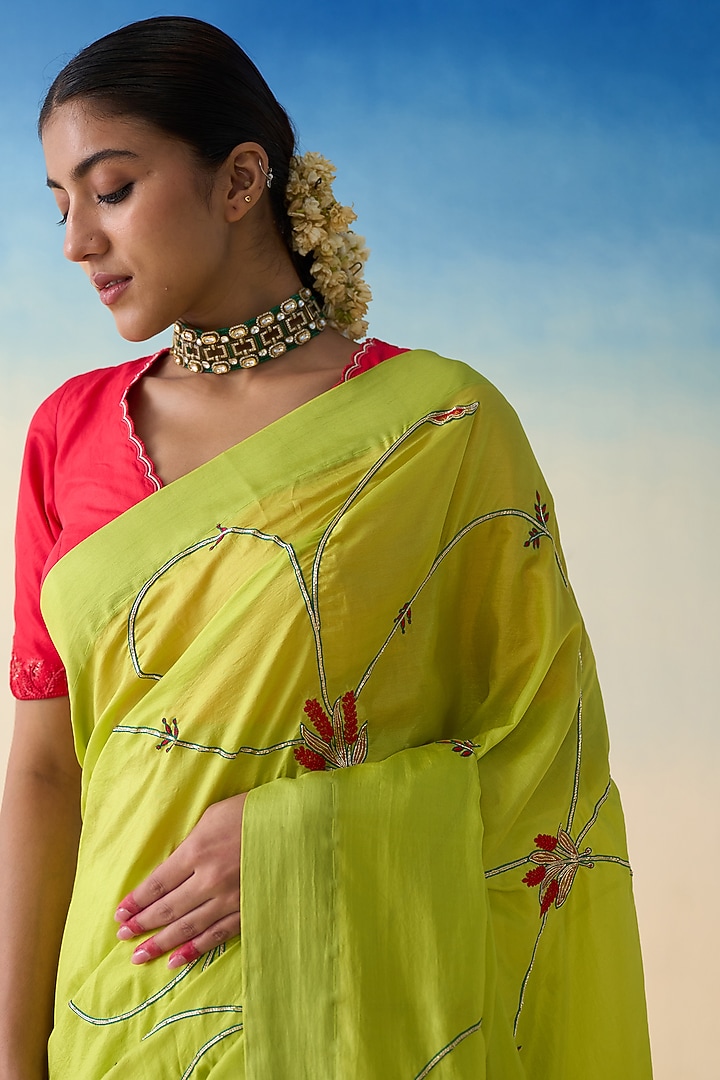 Lime Green Silk Jaal Embroidered Wedding Saree by JANKI INDIA at Pernia's Pop Up Shop