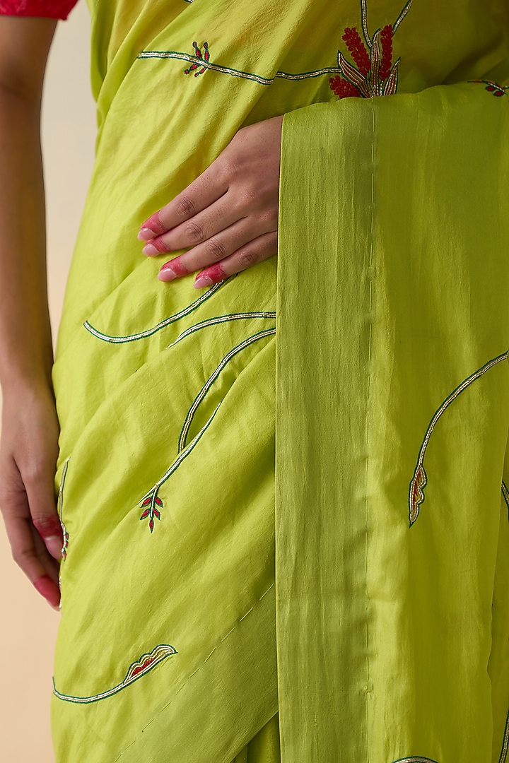 Lime Green Silk Jaal Embroidered Wedding Saree by JANKI INDIA at Pernia's Pop Up Shop