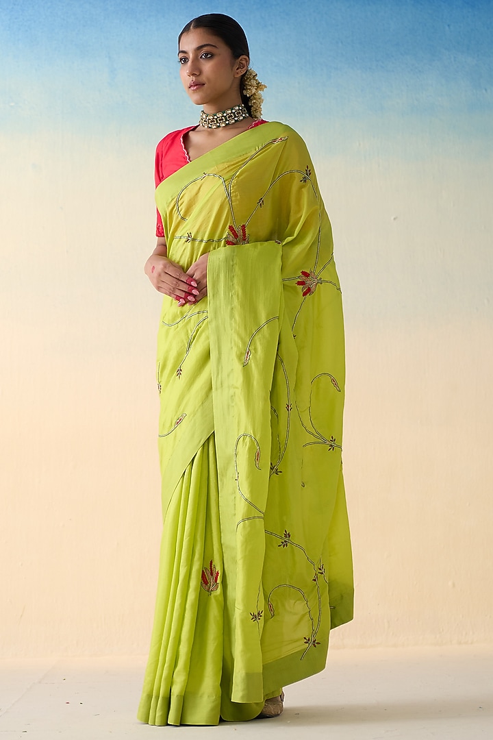 Lime Green Silk Jaal Embroidered Wedding Saree by JANKI INDIA at Pernia's Pop Up Shop