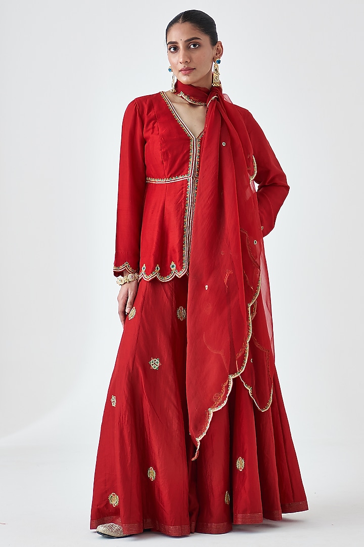 Maroon Dupion Silk Embroidered Sharara Set by JANKI INDIA at Pernia's Pop Up Shop