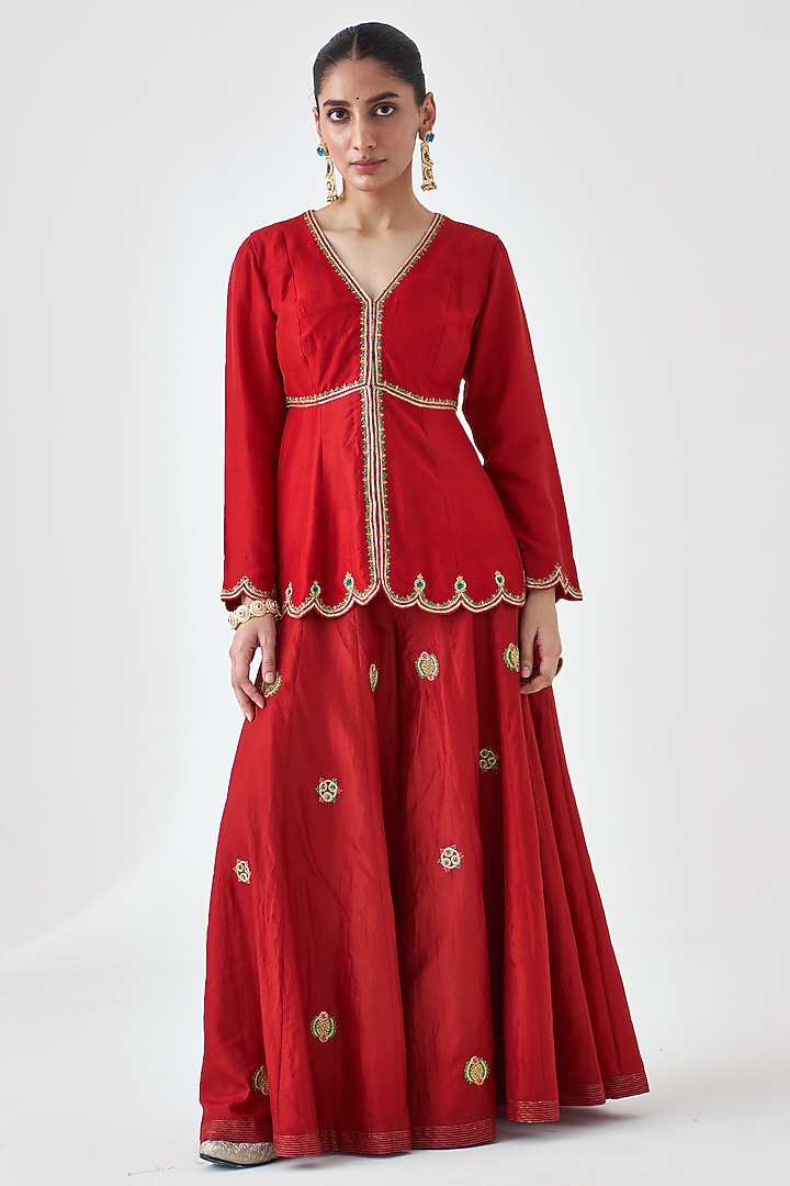 Maroon Dupion Silk Embroidered Wedding Sharara Set by JANKI INDIA at Pernia's Pop Up Shop