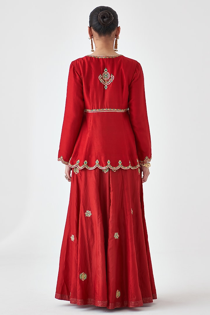 Maroon Dupion Silk Embroidered Wedding Sharara Set by JANKI INDIA at Pernia's Pop Up Shop