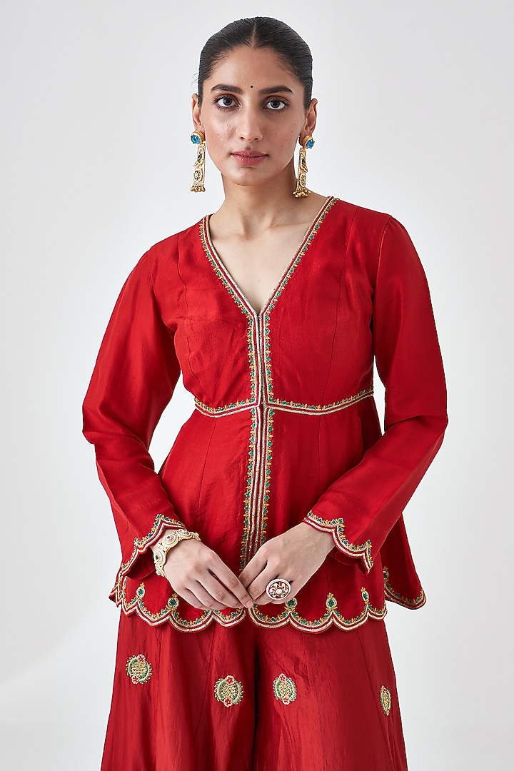 Maroon Dupion Silk Embroidered Wedding Sharara Set by JANKI INDIA at Pernia's Pop Up Shop