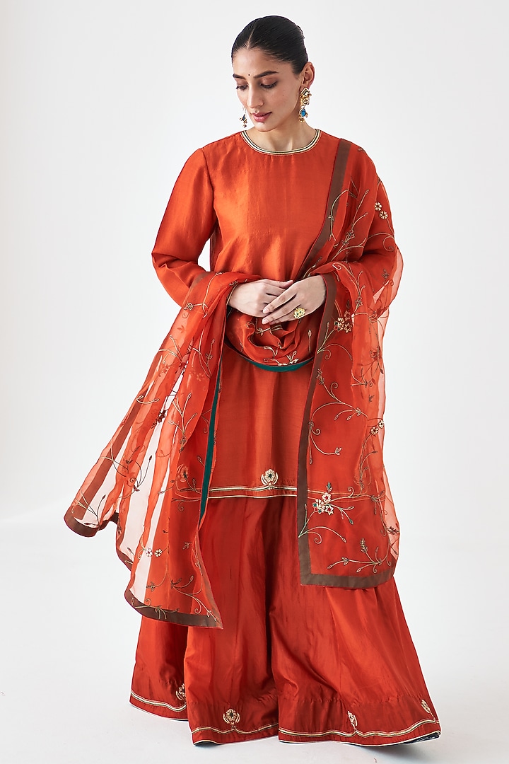 Rust Dupion Silk Wedding Sharara Set by JANKI INDIA at Pernia's Pop Up Shop