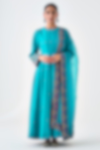 Turquoise Dupion Silk Embroidered Anarkali Set by JANKI INDIA at Pernia's Pop Up Shop