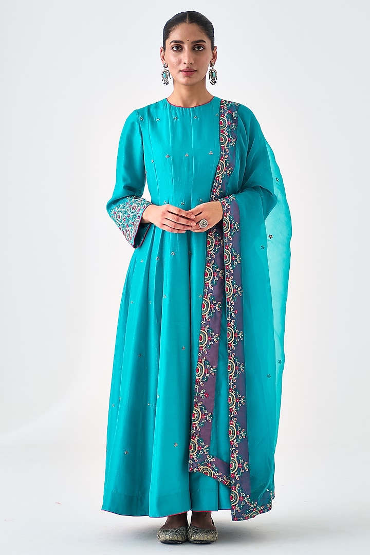 Turquoise Dupion Silk Embroidered Anarkali Set by JANKI INDIA at Pernia's Pop Up Shop