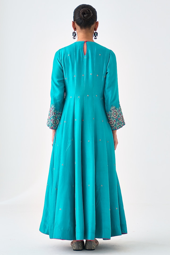 Turquoise Dupion Silk Embroidered Wedding Anarkali Set by JANKI INDIA at Pernia's Pop Up Shop
