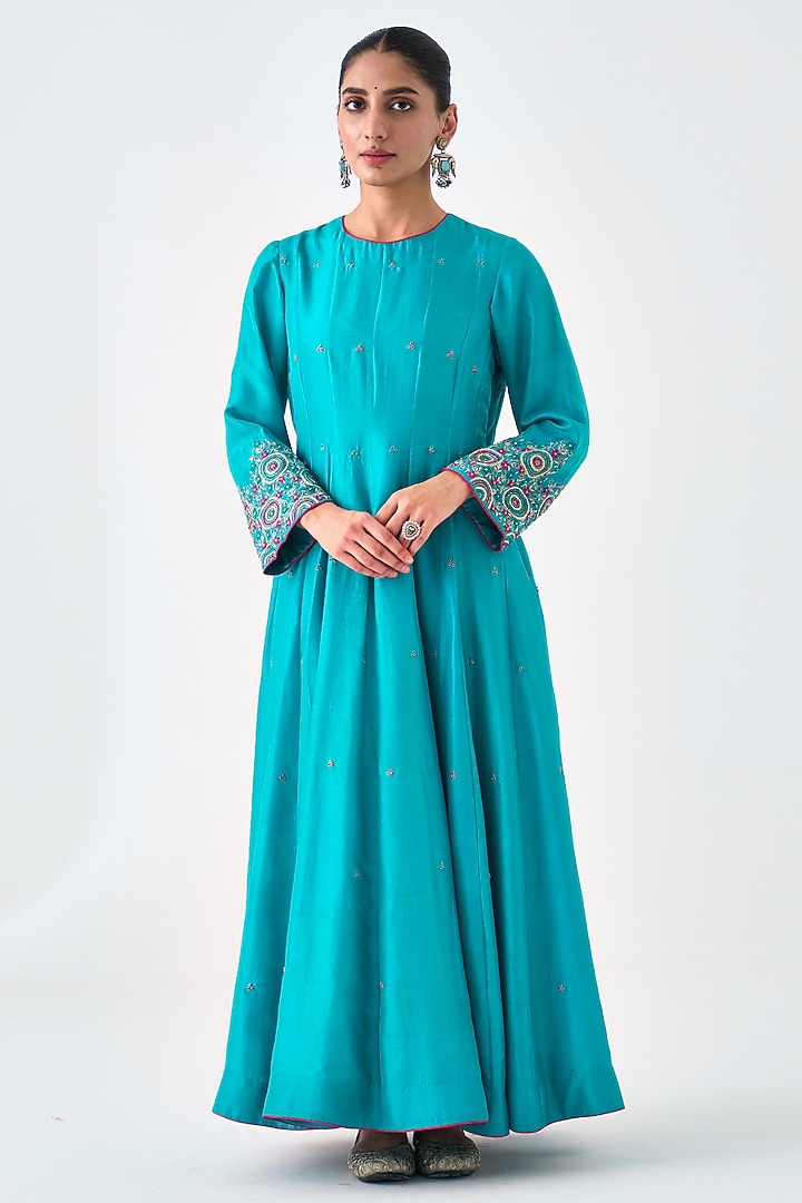 Turquoise Dupion Silk Embroidered Wedding Anarkali Set by JANKI INDIA at Pernia's Pop Up Shop