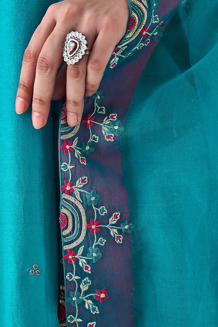 Turquoise Dupion Silk Embroidered Wedding Anarkali Set by JANKI INDIA at Pernia's Pop Up Shop