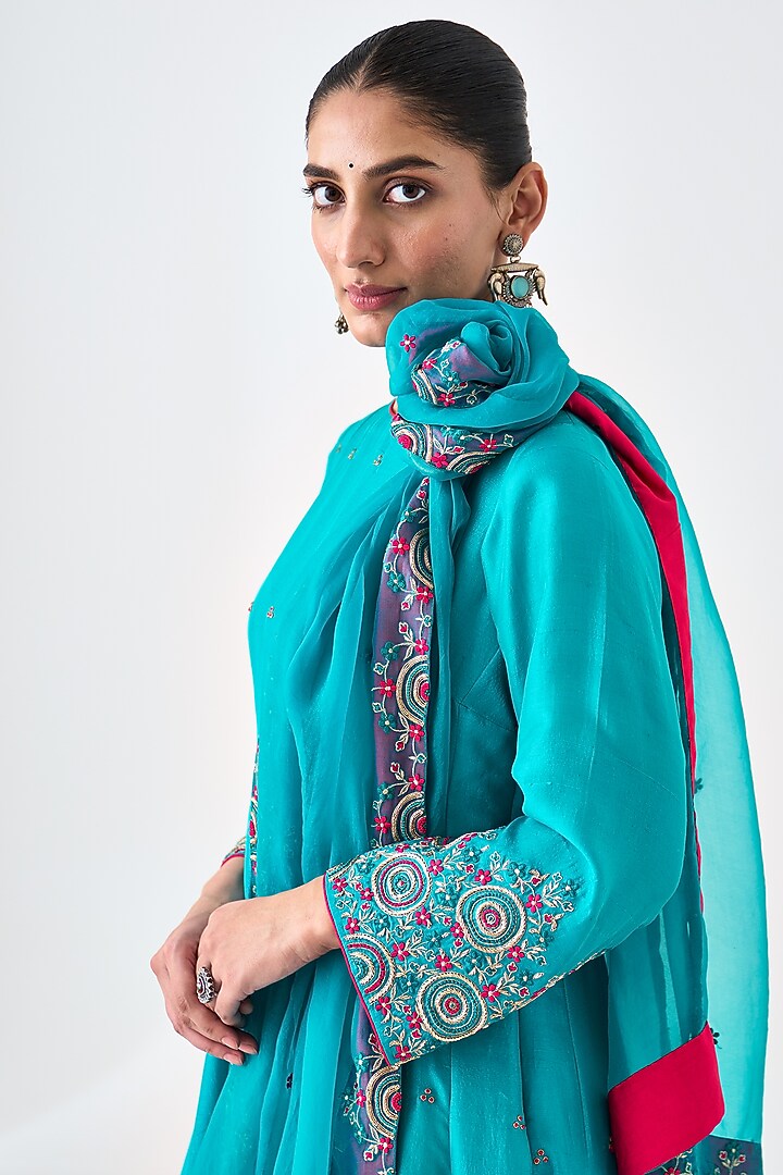 Turquoise Dupion Silk Embroidered Wedding Anarkali Set by JANKI INDIA at Pernia's Pop Up Shop