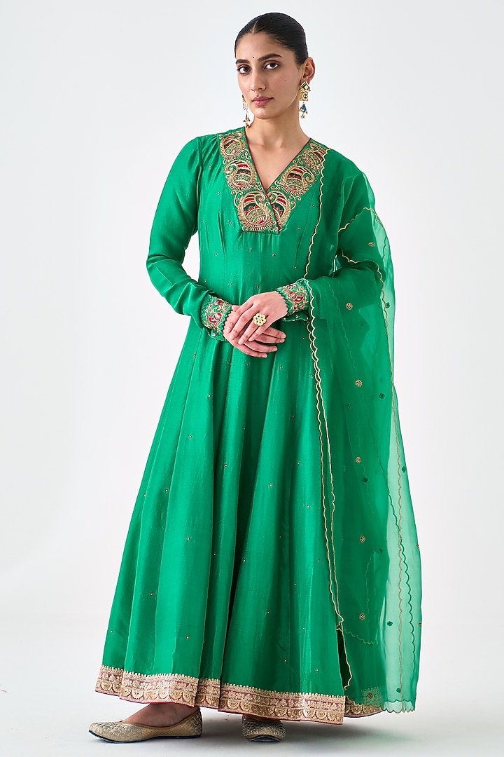 Green Dupion Silk Embroidered Wedding Anarkali Set by JANKI INDIA at Pernia's Pop Up Shop