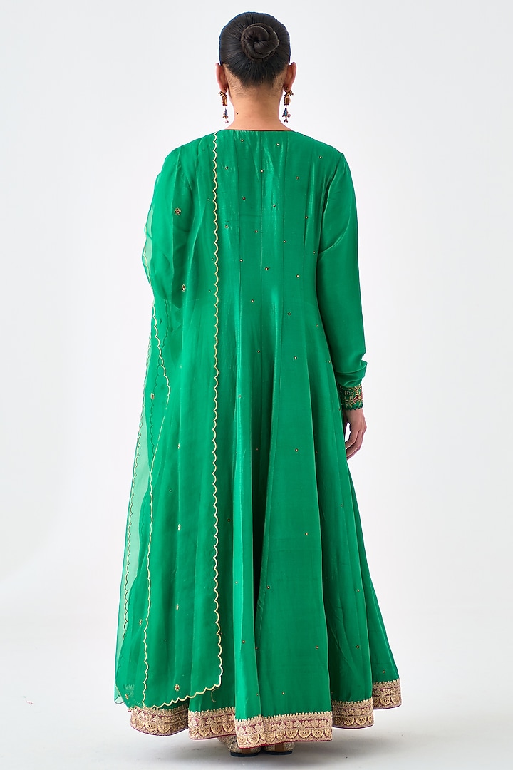 Green Dupion Silk Embroidered Wedding Anarkali Set by JANKI INDIA at Pernia's Pop Up Shop