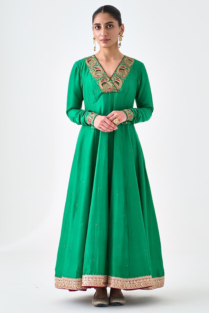 Green Dupion Silk Embroidered Wedding Anarkali Set by JANKI INDIA at Pernia's Pop Up Shop