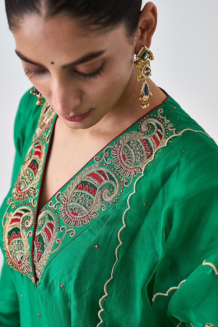 Green Dupion Silk Embroidered Wedding Anarkali Set by JANKI INDIA at Pernia's Pop Up Shop