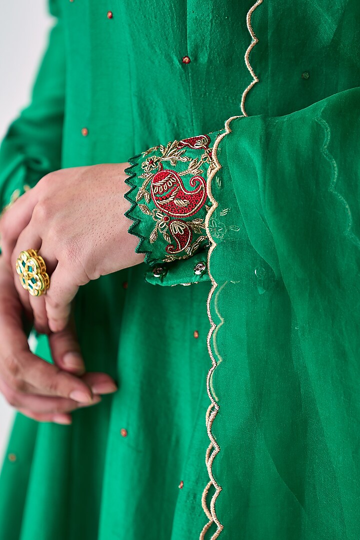 Green Dupion Silk Embroidered Wedding Anarkali Set by JANKI INDIA at Pernia's Pop Up Shop