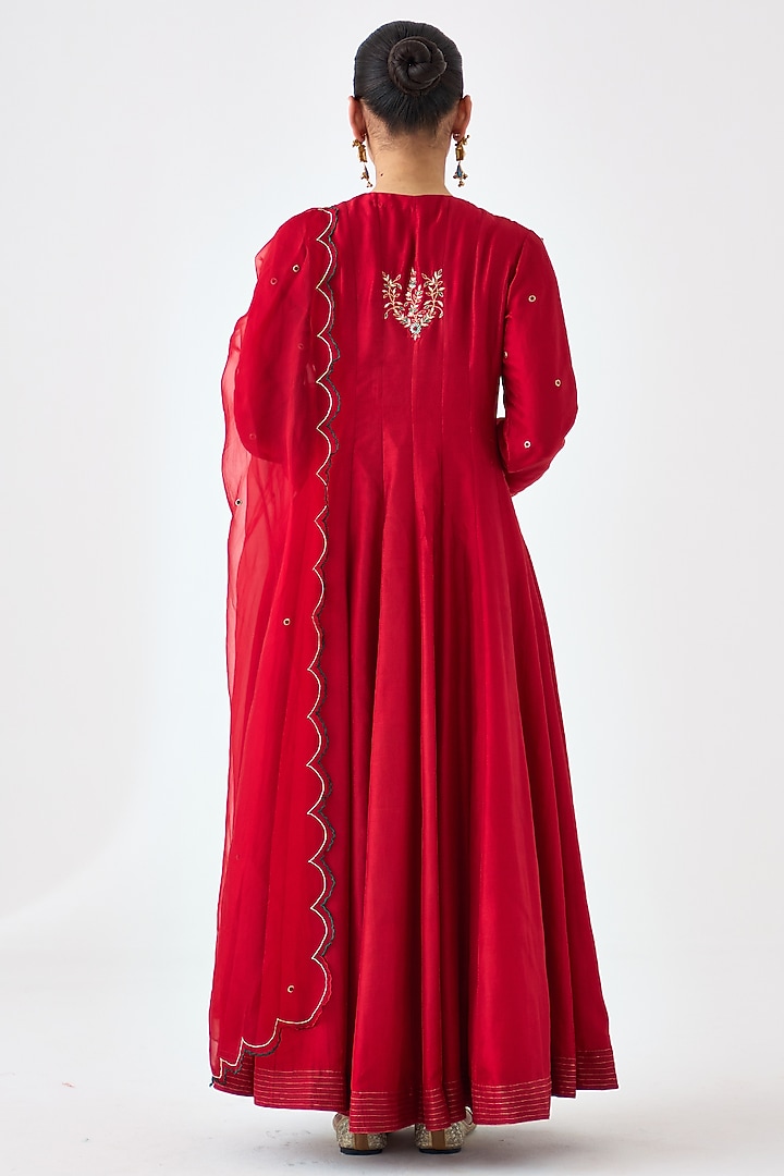 Maroon Dupion Silk Embroidered Wedding Anarkali Set by JANKI INDIA at Pernia's Pop Up Shop