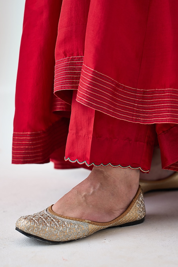 Maroon Dupion Silk Embroidered Wedding Anarkali Set by JANKI INDIA at Pernia's Pop Up Shop