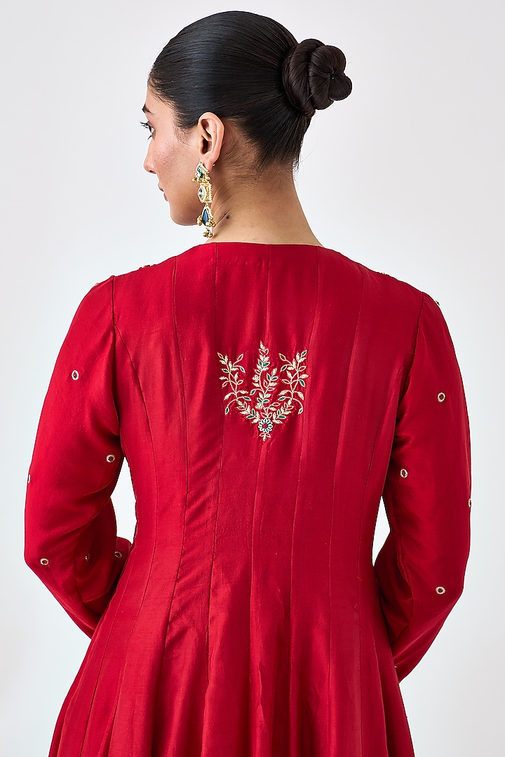 Maroon Dupion Silk Embroidered Wedding Anarkali Set by JANKI INDIA at Pernia's Pop Up Shop
