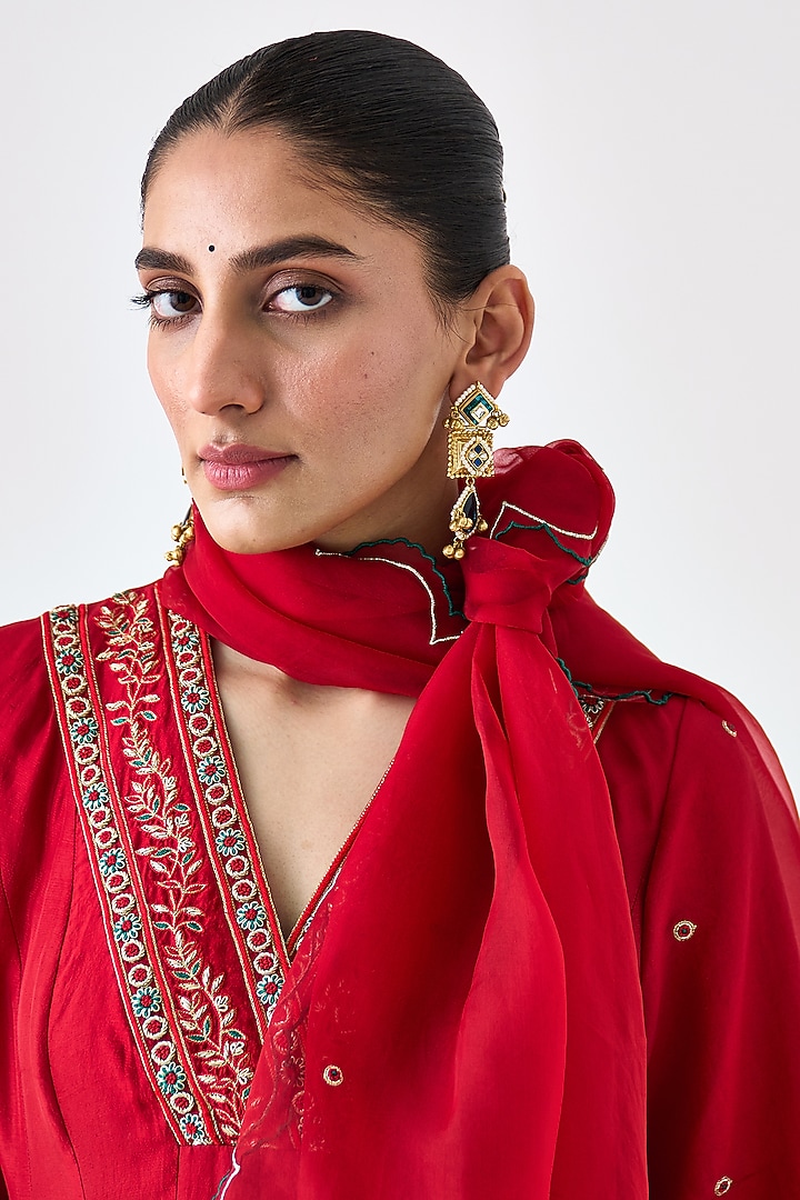 Maroon Dupion Silk Embroidered Wedding Anarkali Set by JANKI INDIA at Pernia's Pop Up Shop