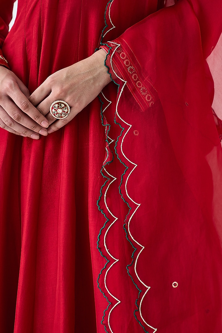 Maroon Dupion Silk Embroidered Wedding Anarkali Set by JANKI INDIA at Pernia's Pop Up Shop