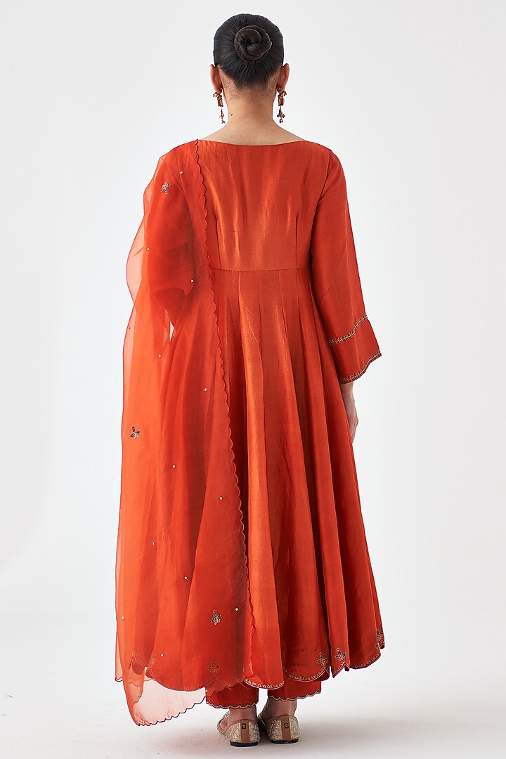 Rust Dupion Silk Embroidered Wedding Anarkali Set by JANKI INDIA at Pernia's Pop Up Shop