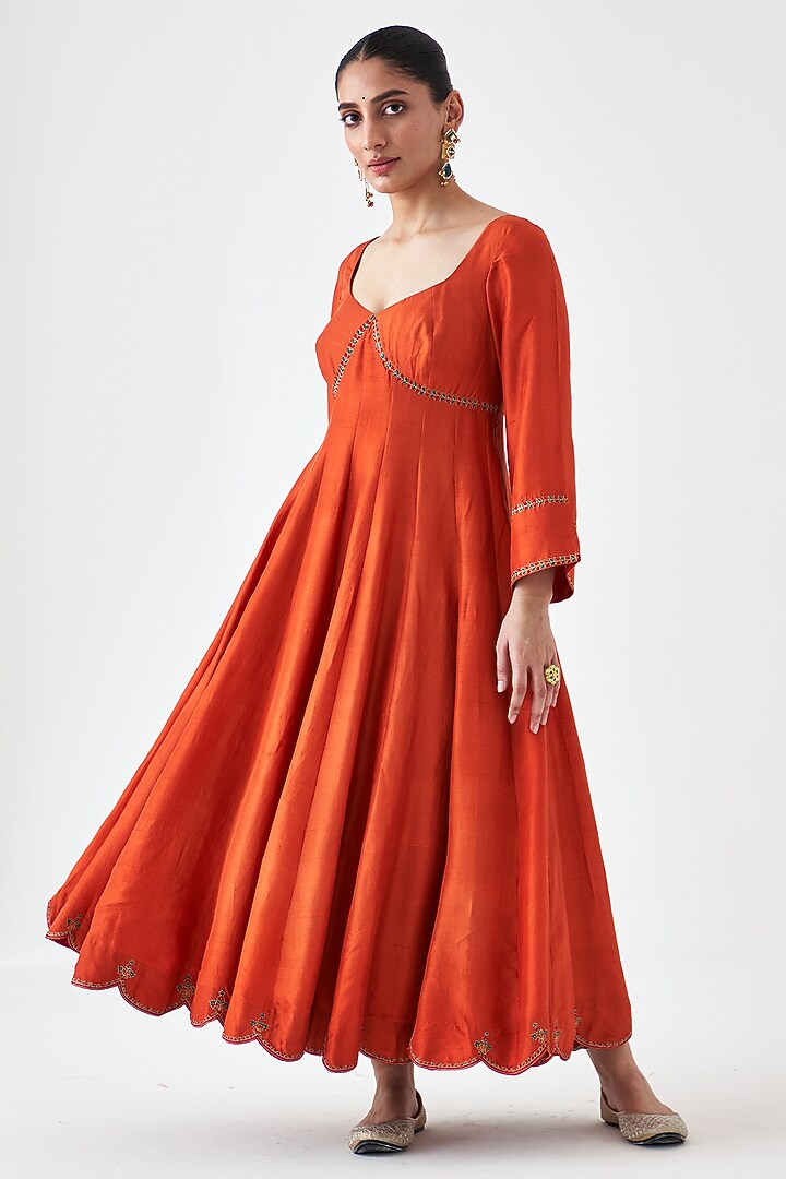 Rust Dupion Silk Embroidered Wedding Anarkali Set by JANKI INDIA at Pernia's Pop Up Shop