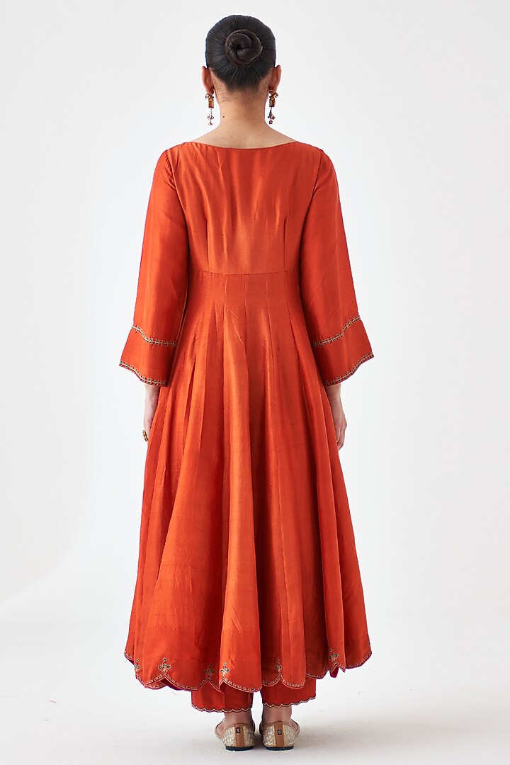 Rust Dupion Silk Embroidered Wedding Anarkali Set by JANKI INDIA at Pernia's Pop Up Shop
