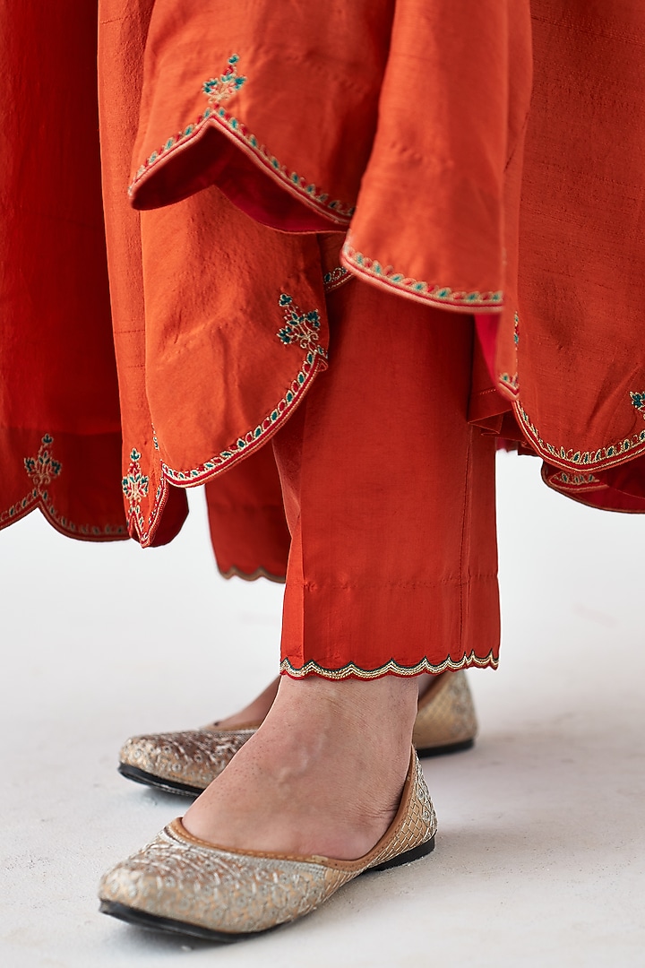 Rust Dupion Silk Embroidered Wedding Anarkali Set by JANKI INDIA at Pernia's Pop Up Shop