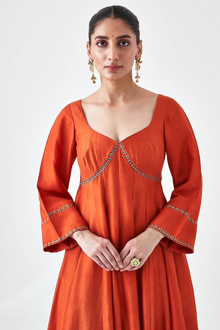 Rust Dupion Silk Embroidered Wedding Anarkali Set by JANKI INDIA at Pernia's Pop Up Shop