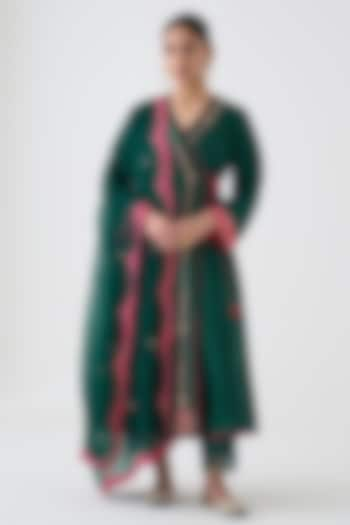 Dark Green Dupion Silk Embroidered Angrakha Set by JANKI INDIA at Pernia's Pop Up Shop