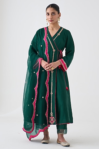 Dark Green Dupion Silk Embroidered Angrakha Set by JANKI INDIA