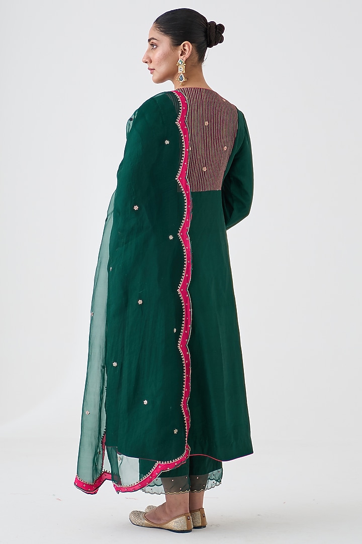 Dark Green Dupion Silk Embroidered Angrakha Set by JANKI INDIA at Pernia's Pop Up Shop