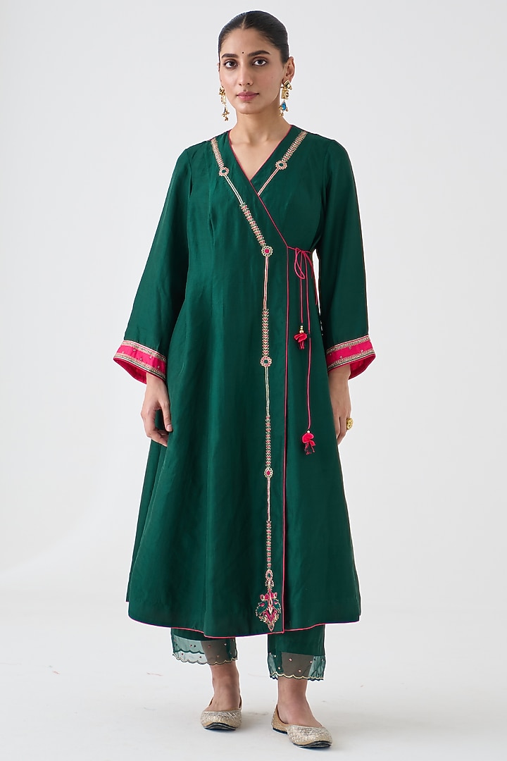 Dark Green Dupion Silk Embroidered Angrakha Set by JANKI INDIA at Pernia's Pop Up Shop