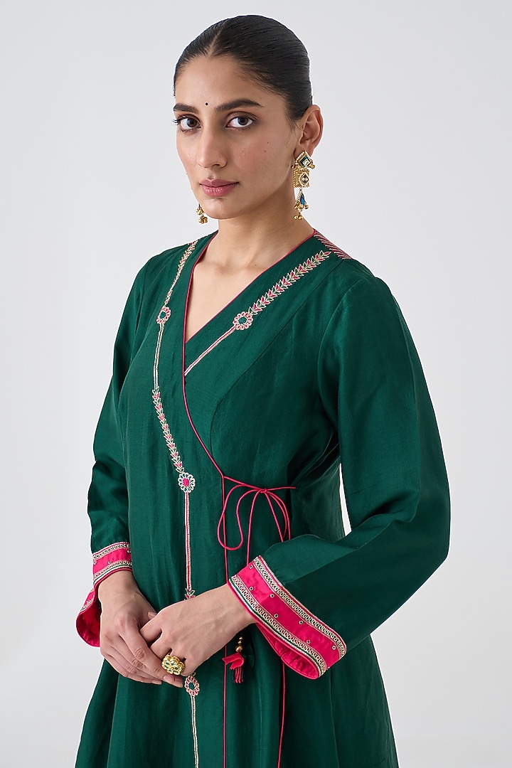 Dark Green Dupion Silk Embroidered Angrakha Set by JANKI INDIA at Pernia's Pop Up Shop