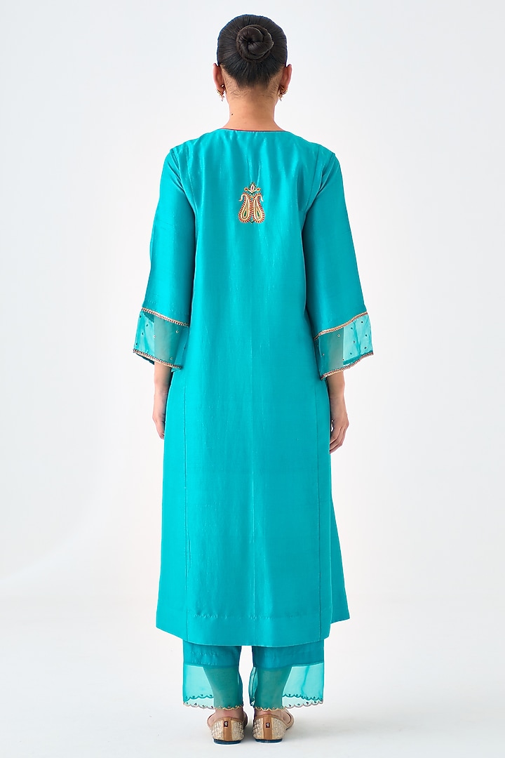 Turquoise Dupion Silk Embroidered Kurta Set by JANKI INDIA at Pernia's Pop Up Shop