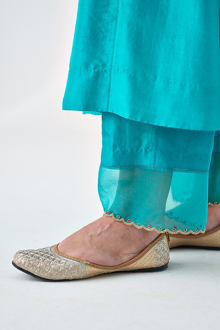 Turquoise Dupion Silk Embroidered Kurta Set by JANKI INDIA at Pernia's Pop Up Shop