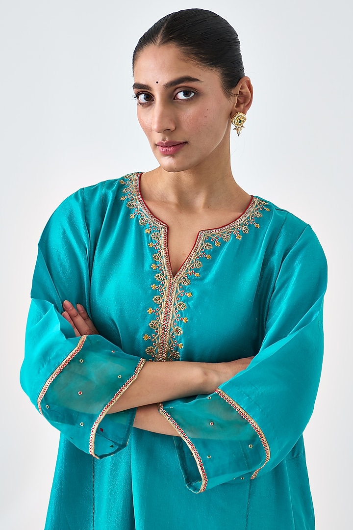 Turquoise Dupion Silk Embroidered Kurta Set by JANKI INDIA at Pernia's Pop Up Shop
