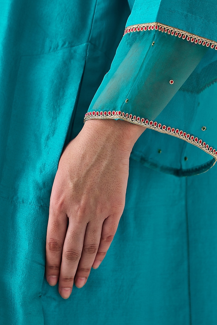 Turquoise Dupion Silk Embroidered Kurta Set by JANKI INDIA at Pernia's Pop Up Shop