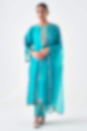 Turquoise Dupion Silk Embroidered Kurta Set by JANKI INDIA at Pernia's Pop Up Shop