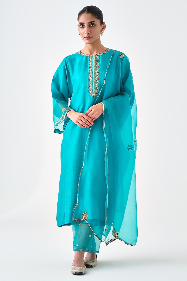 Turquoise Dupion Silk Embroidered Kurta Set by JANKI INDIA at Pernia's Pop Up Shop