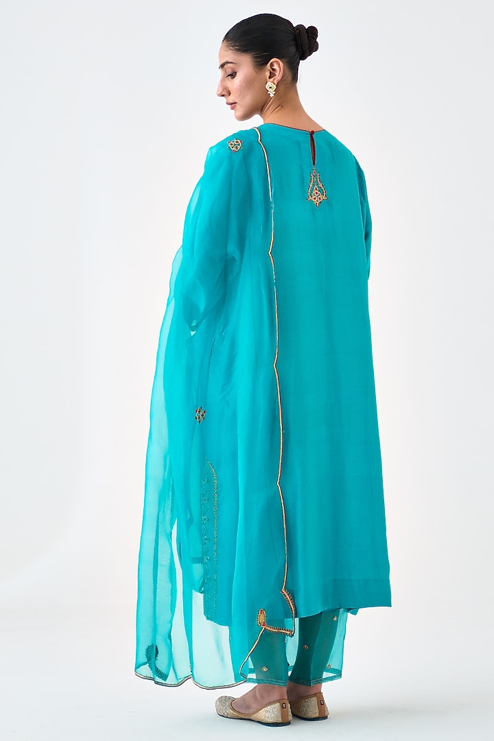 Turquoise Dupion Silk Embroidered Kurta Set by JANKI INDIA at Pernia's Pop Up Shop