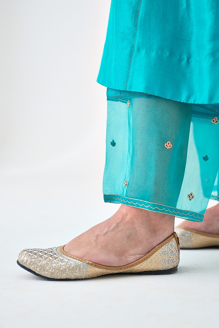 Turquoise Dupion Silk Embroidered Kurta Set by JANKI INDIA at Pernia's Pop Up Shop