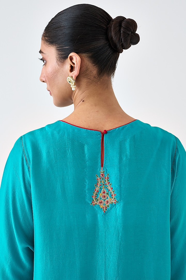 Turquoise Dupion Silk Embroidered Kurta Set by JANKI INDIA at Pernia's Pop Up Shop