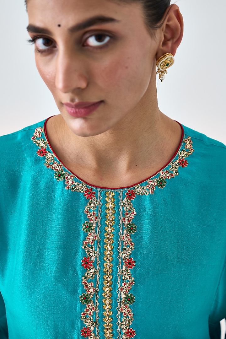 Turquoise Dupion Silk Embroidered Kurta Set by JANKI INDIA at Pernia's Pop Up Shop